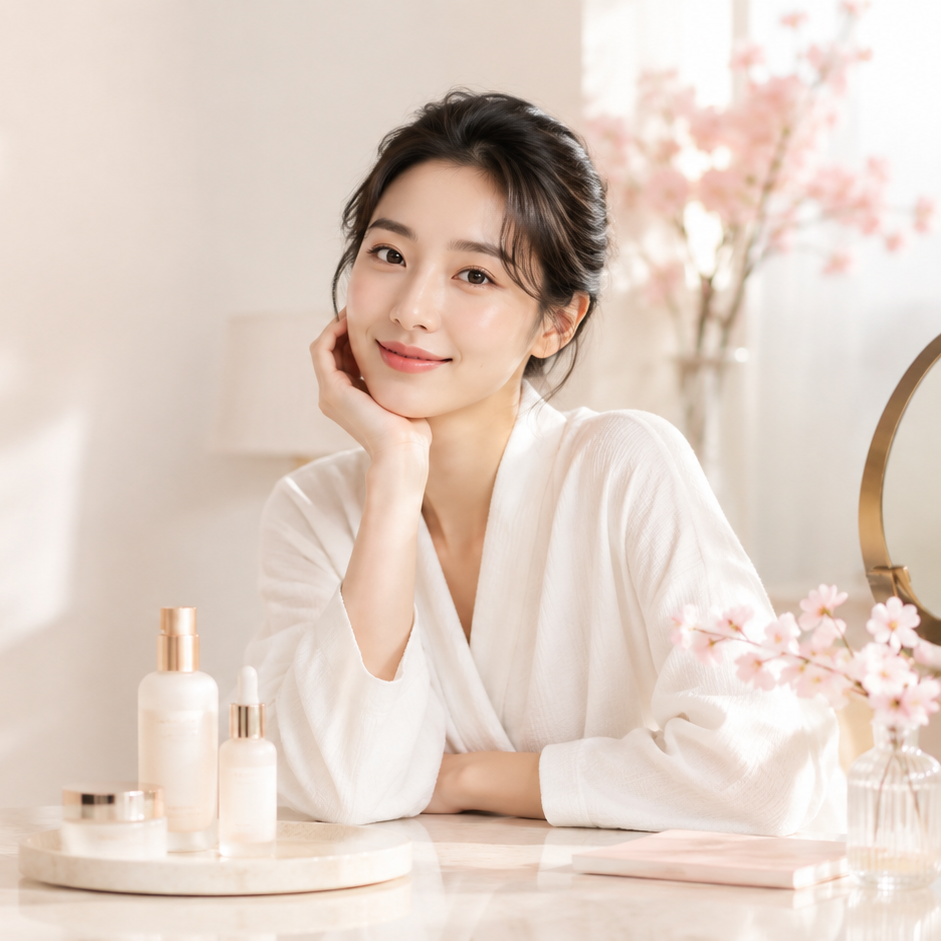A woman in a white robe sits at a table with skincare products in a bright, softly lit room with pink blossoms in the background.